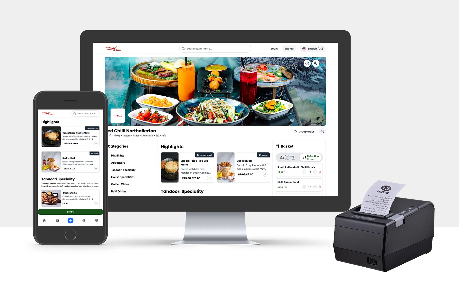 OrderApps restaurant ordering system on desktop, mobile app and EPOS printer